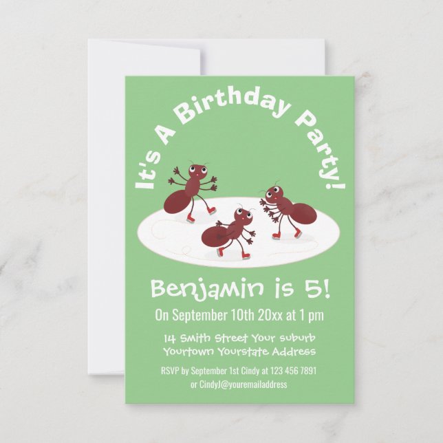 Invitación Personalizado de patinaje sobre hielo de hormigas  (Anverso)