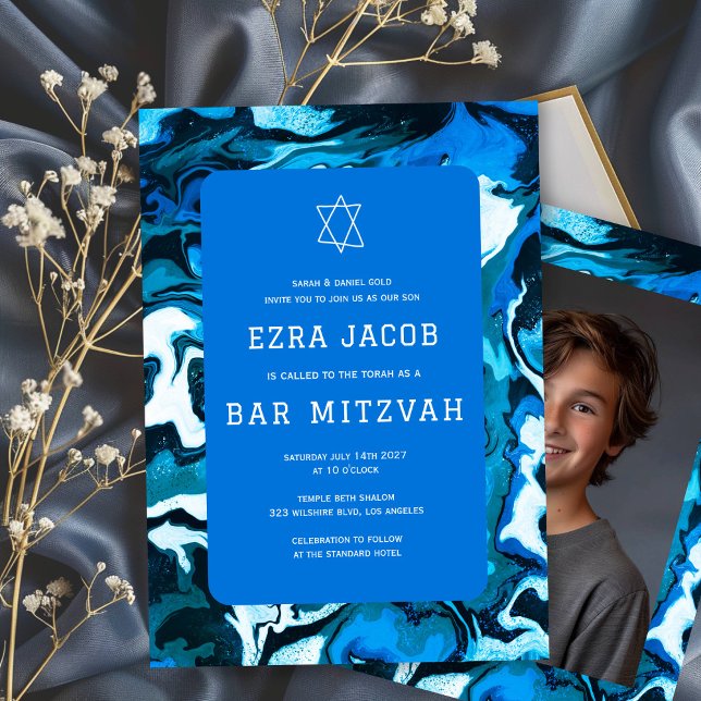 Invitación Personalizado de pintura de mármol azul Bar de fot (Blue Marble Paint Swirls Custom Photo Bar Bat Mitzvah Invitation
)