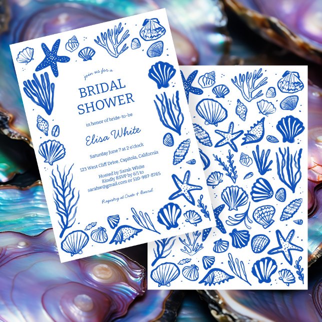 Invitación Personalizado de playa azul Seashells Frame Bridal (Seashells Frame Bridal Shower Blue Beach CUSTOM Invitation
)