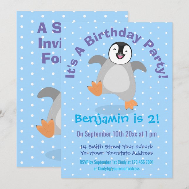 Invitación Personalizado de pollo de pingüino feliz 2 años (Anverso / Reverso)