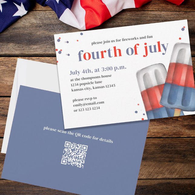 Invitación Personalizado De Popsicles Del Verano Del 4 De Jul (Fourth of July party invitation with red, white, and blue popsicles. )