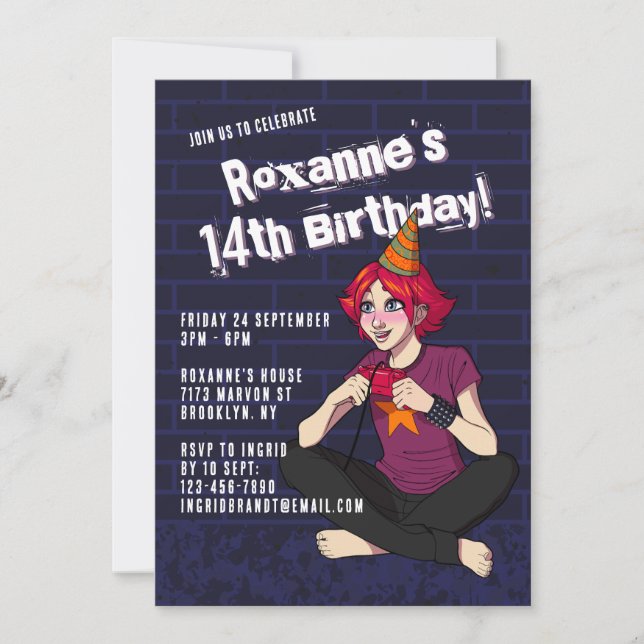 Invitación Personalizado de punk Jugador Chica 14 cumpleaños (Anverso)