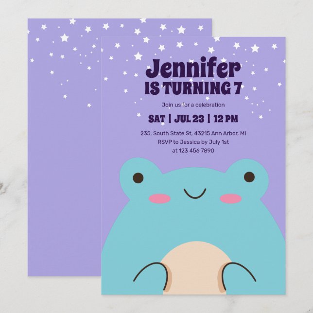 Invitación Personalizado de Rana Cuta Niños Morados Cumpleaño (Anverso / Reverso)