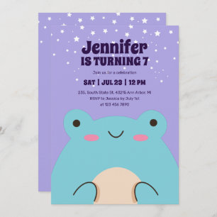 Invitación Personalizado de Rana Cuta Niños Morados Cumpleaño