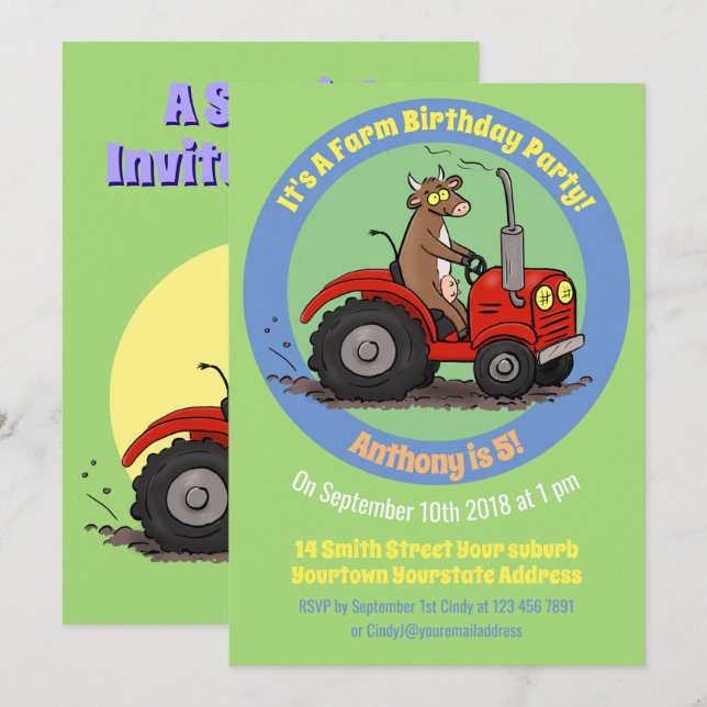 Invitación Personalizado de tractores rojos de vaca feliz (Anverso / Reverso)