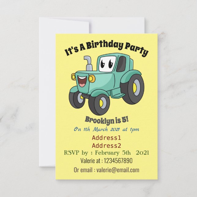 Invitación Personalizado de tractores verde feliz (Anverso)