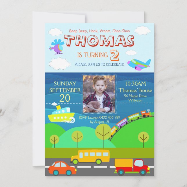 Invitación Personalizado de transporte Personalice Cumpleaños (Anverso)