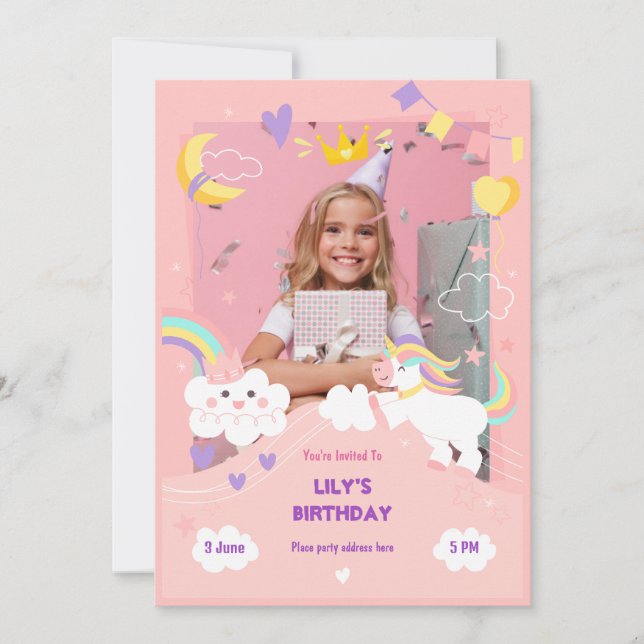 Invitación Personalizado de unicornio rosa lindo cumpleaños (Anverso)