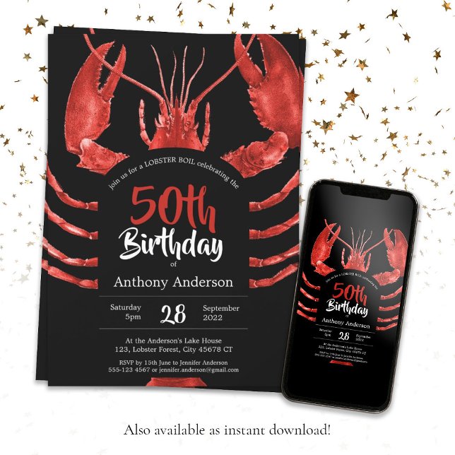 Invitación Personalizado de verano de bogavante negro 50 cump (Black 50th Birthday Lobster Seafood Summer Custom Invitation)
