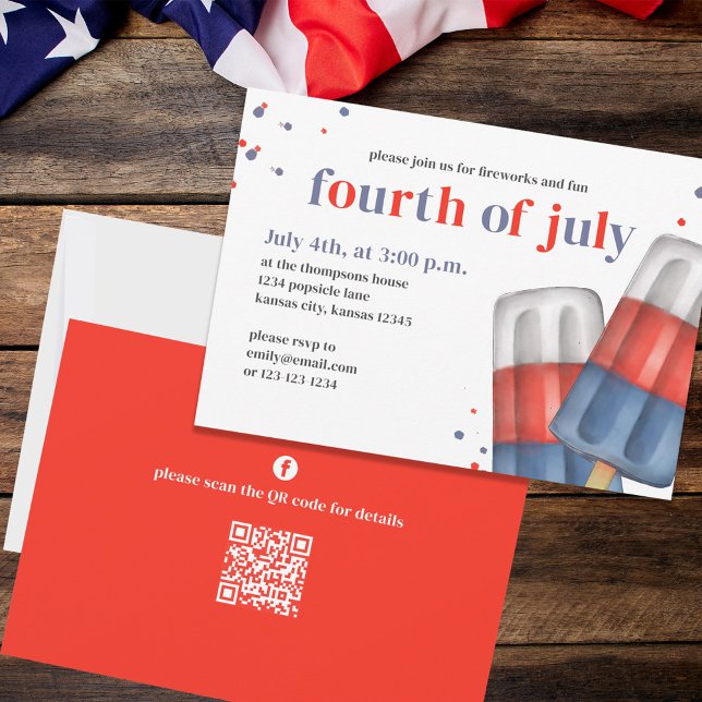 Invitación Personalizado de verano del 4 de julio (Fourth of July party invitation with red, white, and blue popsicles. )