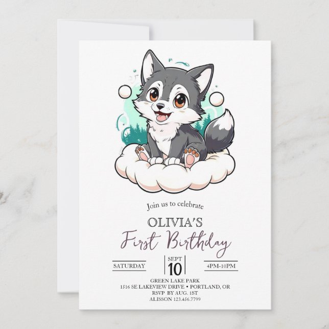 Invitación Personalizado de Woods Lobo Digital Primer Cumplea (Anverso)