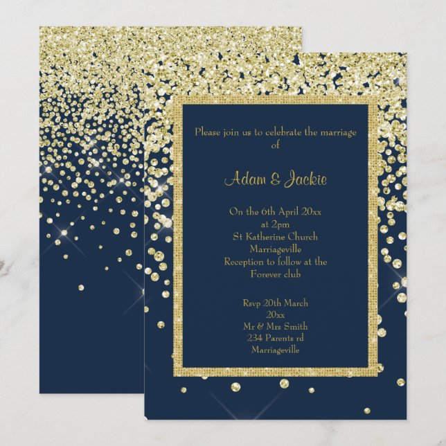 INVITACIÓN PERSONALIZADO DEL BODA DE NAVY GOLD SPARKLE (Anverso / Reverso)