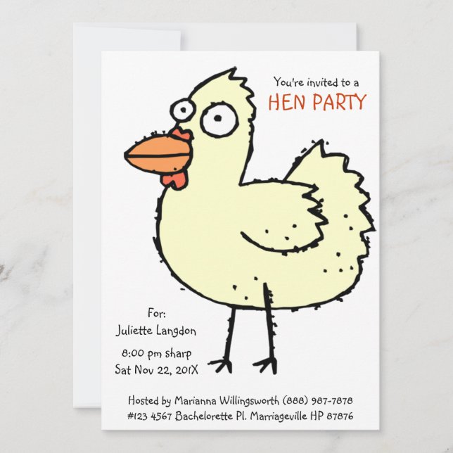 Invitación Personalizado del Hen Blanco de la Fiesta de la Ba (Anverso)
