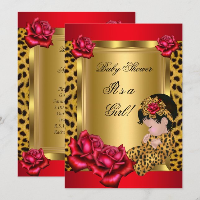 Invitación Personalizado del Leopardo de los Rosas Red Gold d (Anverso / Reverso)