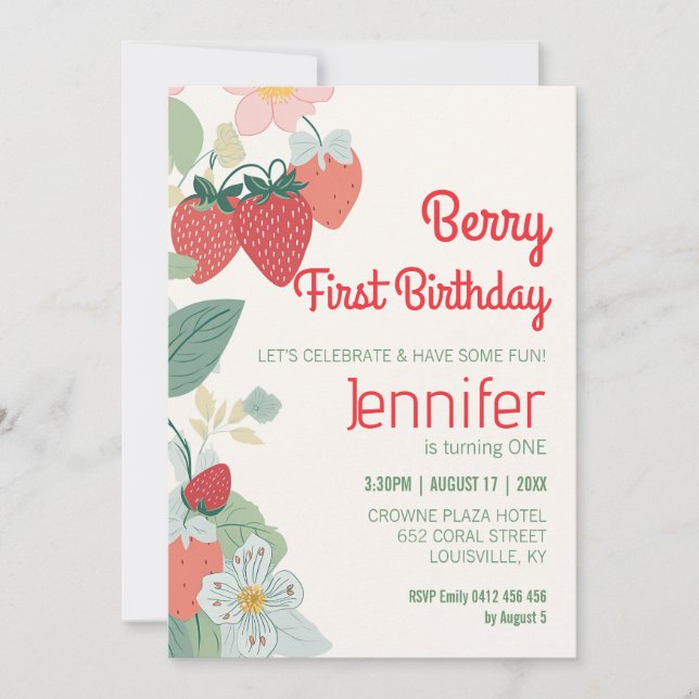 Invitación Personalizado del tema de la fresa cuta Berry Prim (Anverso)