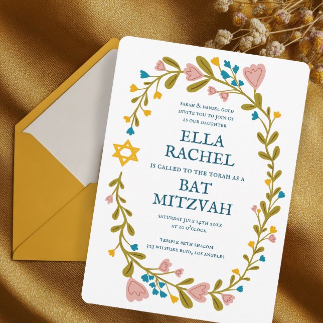 Invitación Personalizado dibujado a mano por Floral Wreath Ba (Floral Wreath Bat Mitzvah Hand-drawn Custom Invitation
)