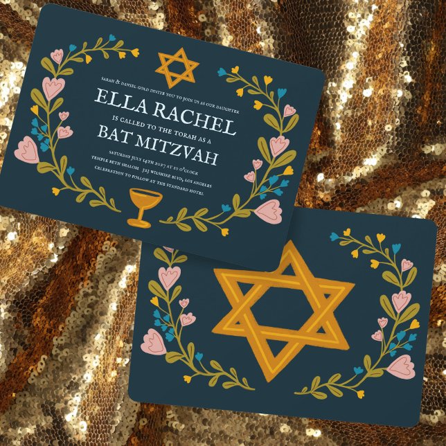 Invitación Personalizado dibujado a mano por Floral Wreath Ba (Floral Wreath Bat Mitzvah Hand-drawn Custom Invitation
)