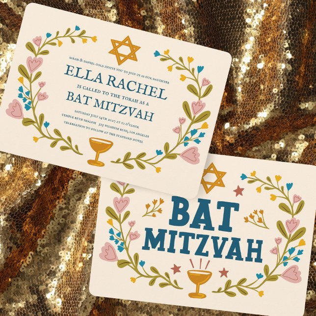 Invitación Personalizado dibujado a mano por Floral Wreath Ba (Floral Wreath Bat Mitzvah Hand-drawn Custom Invitation
)