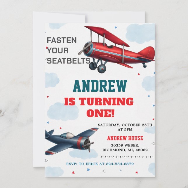 Invitación Personalizado Digital Airplane Boy 1er cumpleaños  (Anverso)