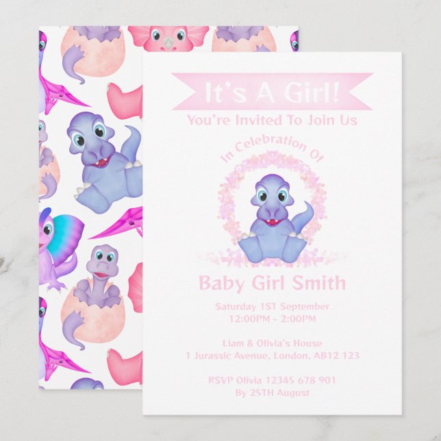 Invitación Personalizado Dino Watercolor Dinosaur Chica Baby  (Anverso / Reverso)