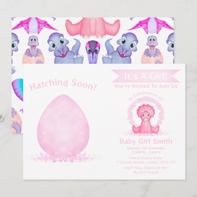 Invitación Personalizado Dino Watercolor Dinosaur Chica Baby  (Anverso / Reverso)