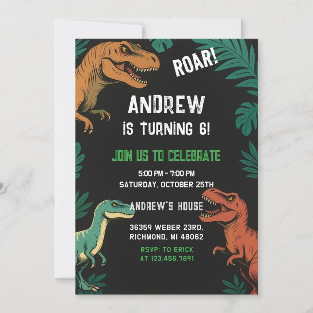 Invitación Personalizado Dinosaur T-Rex Fiesta cumpleaños din (Anverso)