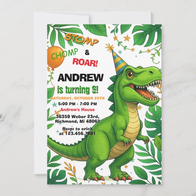 Invitación Personalizado Dinosaur T-rex fiesta de cumpleaños  (Anverso)