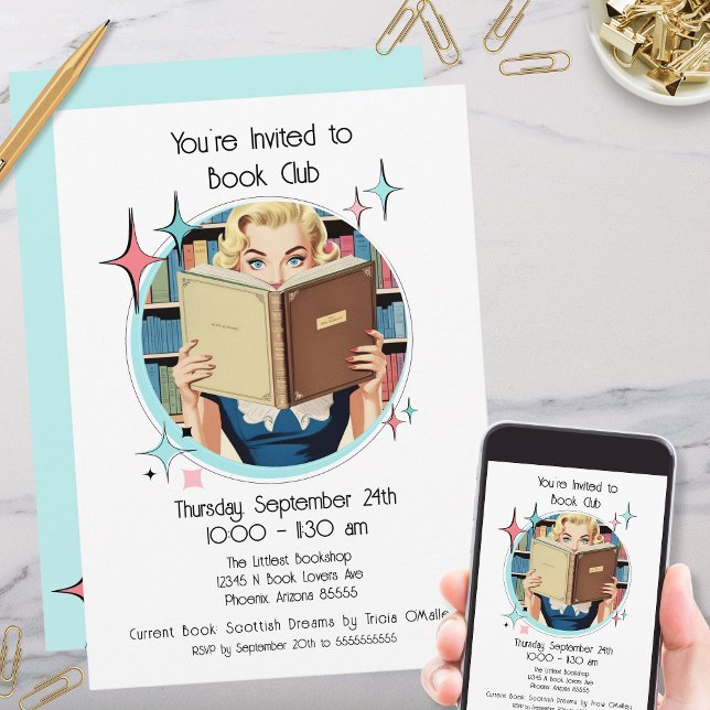 Invitación Personalizado divertida del club de libros de Aqua (funny 50s inspired retro vintage womens book club reading group party invitations with pink aqua)
