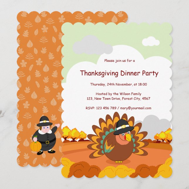 Invitación Personalizado divertido de un pavo peregrino de Ac (Anverso / Reverso)