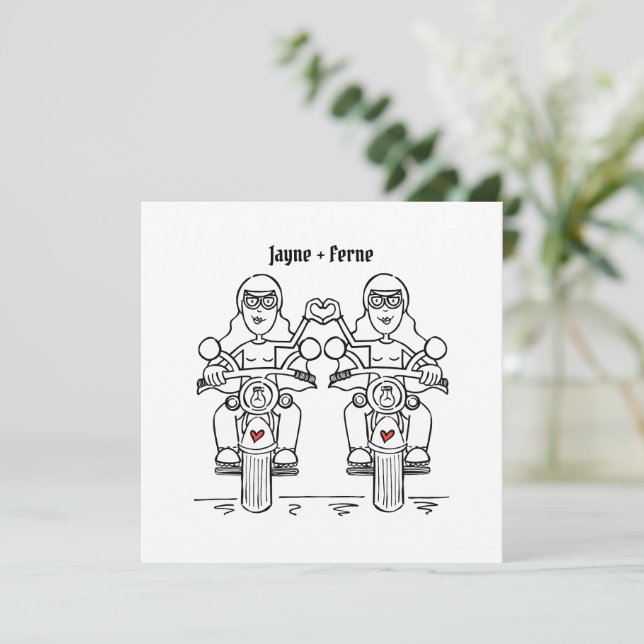 Invitación Personalizado dos novias Boda de motocicleta (Anverso de pie)