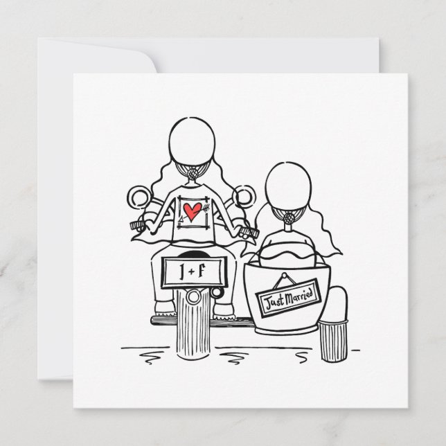 Invitación Personalizado Dos novias en moto y Boda de Sidecar (Anverso)