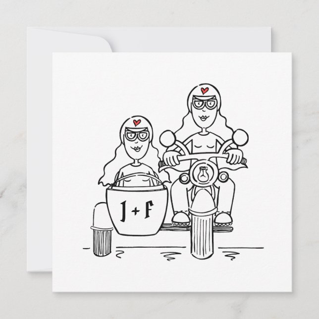 Invitación Personalizado Dos novias en moto y Boda de Sidecar (Anverso)