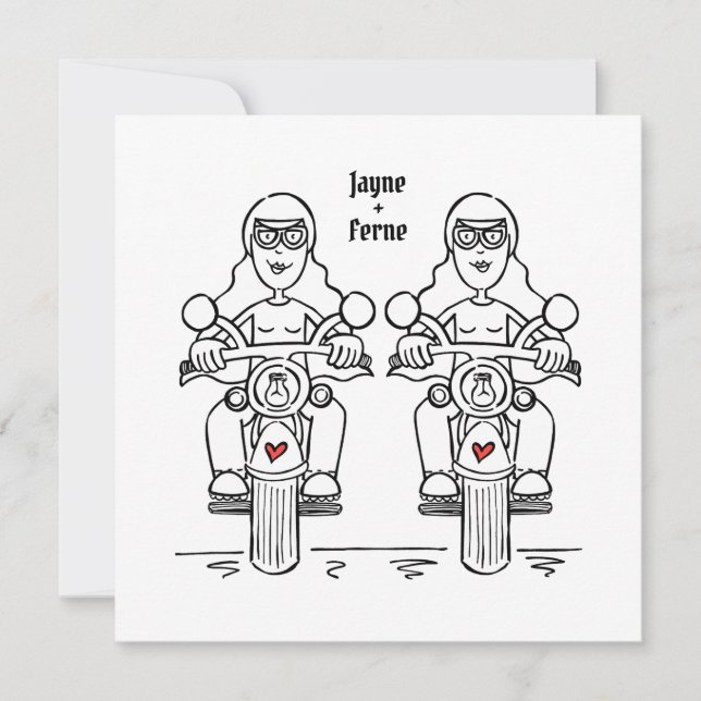 Invitación Personalizado dos novias motociclista Boda lesbian (Anverso)
