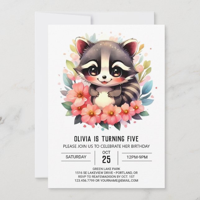 Invitación Personalizado editable Raccoon Chica Cumpleaños (Anverso)