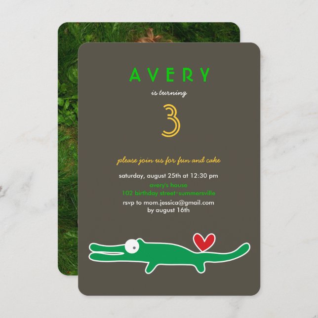 Invitación Personalizado educada, lagarto verde, foto de cump (Anverso / Reverso)