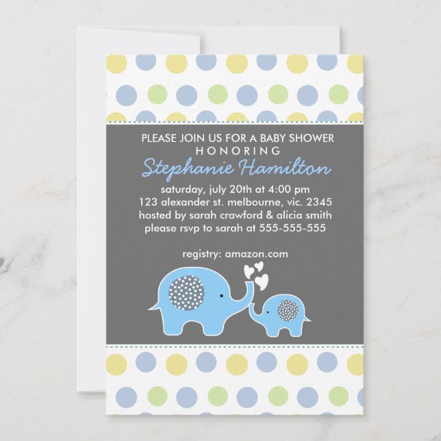 Invitación Personalizado elefante polka hace la ducha de bebé (Anverso)