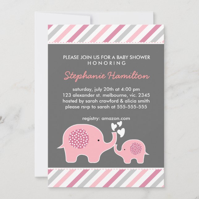 Invitación Personalizado elefante rayas bebé ducha (Anverso)