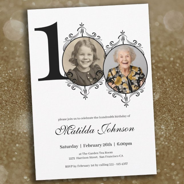 Invitación Personalizado elegante blanco negro foto 100 cumpl (100th Birthday Black White Elegant Custom Photo Invitation)