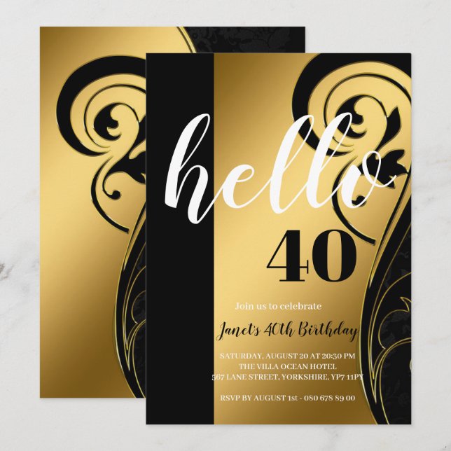 Invitación Personalizado Elegante Blanco Negro y Oro Hola 40  (Anverso / Reverso)