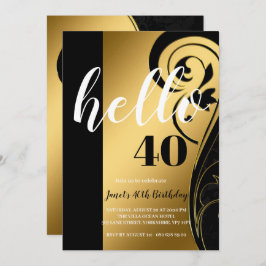 Invitación Personalizado Elegante Blanco Negro y Oro Hola 40
