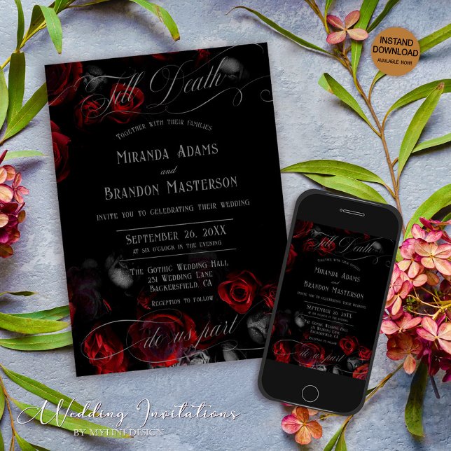 Invitación Personalizado elegante Boda floral negro y rojo (Subido por el creador)