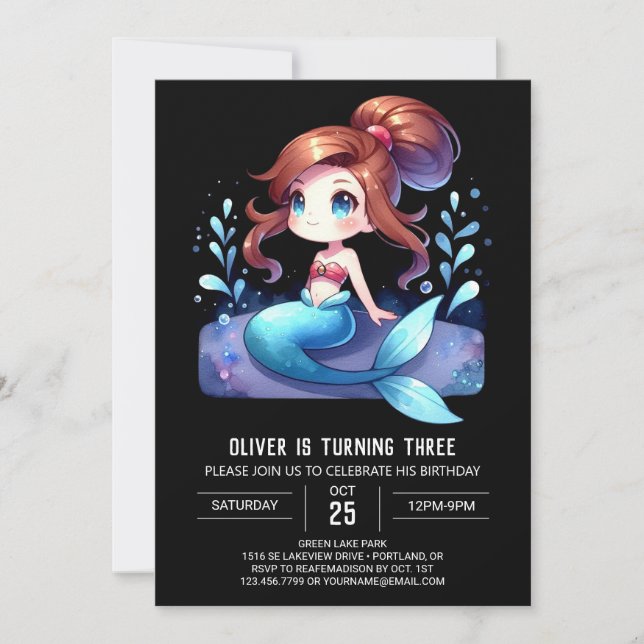 Invitación Personalizado Elegante Cumpleaños de Sirena (Anverso)