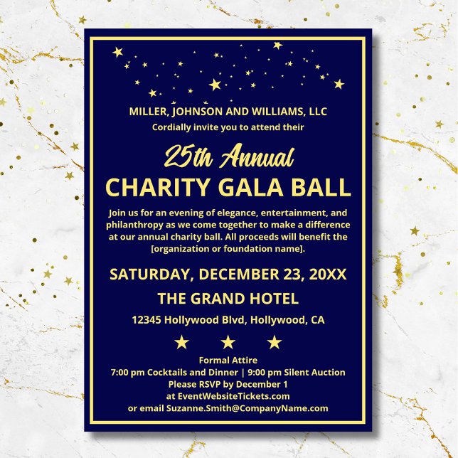 Invitación Personalizado elegante de oro azul de la Bolsa de  (Elevate your Charity Gala Ball with these elegant blue and gold invitations.)