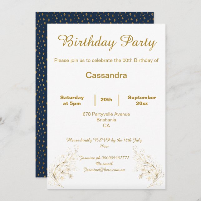 Invitación Personalizado ELEGANTE DE ORO Y NAVY STAR (Anverso / Reverso)