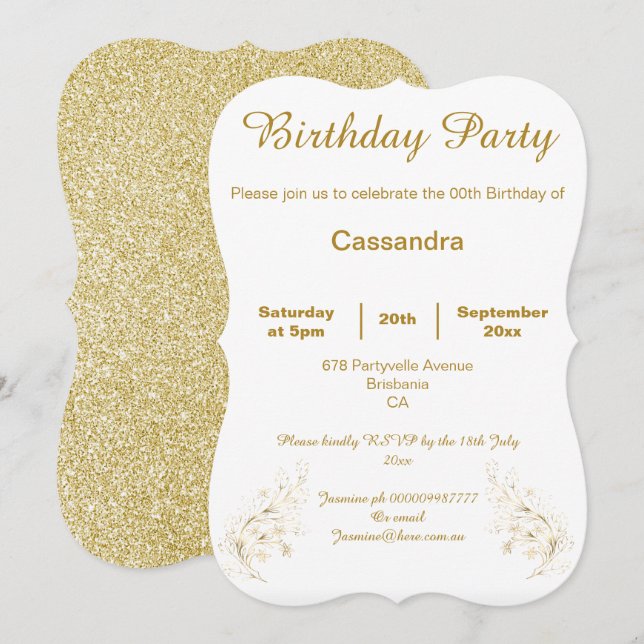 Invitación Personalizado ELEGANTE DE ORO Y PURPURINA BLANCO (Anverso / Reverso)