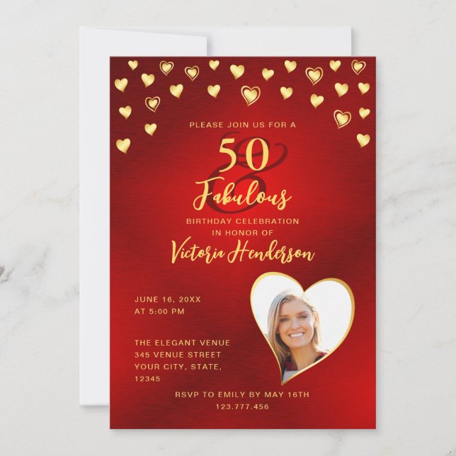 Invitación Personalizado Elegante Red & Gold 50 y fabuloso cu (Anverso)