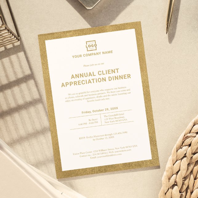 Invitación Personalizado Empresa Fiesta de eventos corporativ (Invite your guests with this gold invitation that has your custom logo and information.)