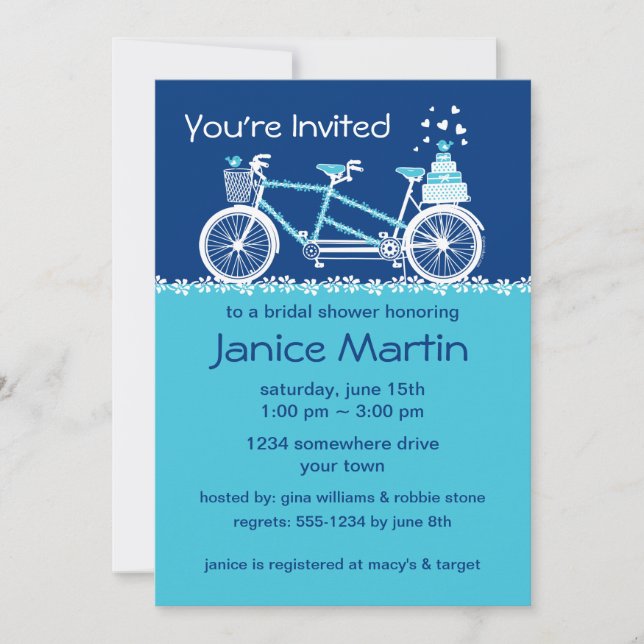 Invitación Personalizado en bicicleta tándem Aqua (Anverso)