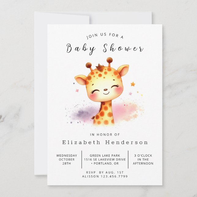 Invitación Personalizado encantado Giraffe Baby Shower (Anverso)