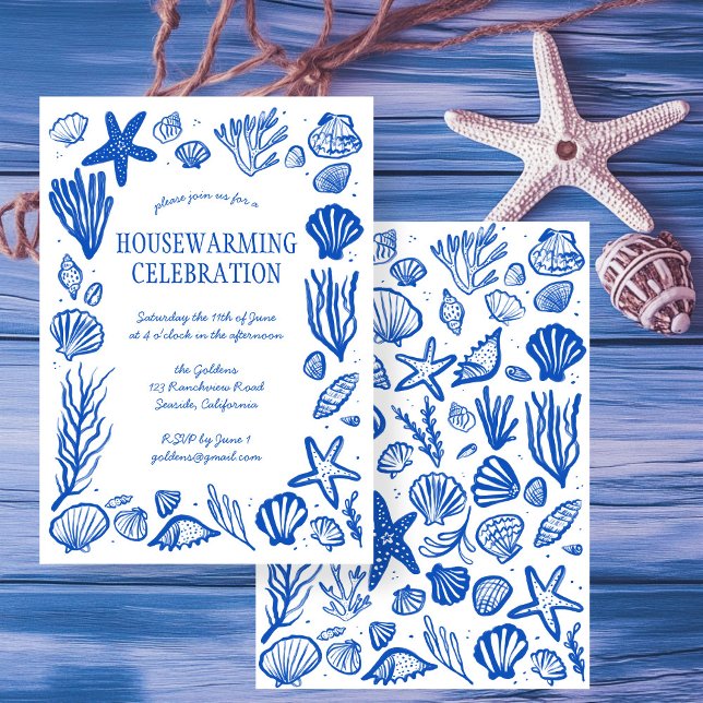 Invitación Personalizado   FIESTA DE CALENTAMIENTO (Beach Blue Seashells Custom HOUSEWARMING PARTY New Home Address Party Invitation
)